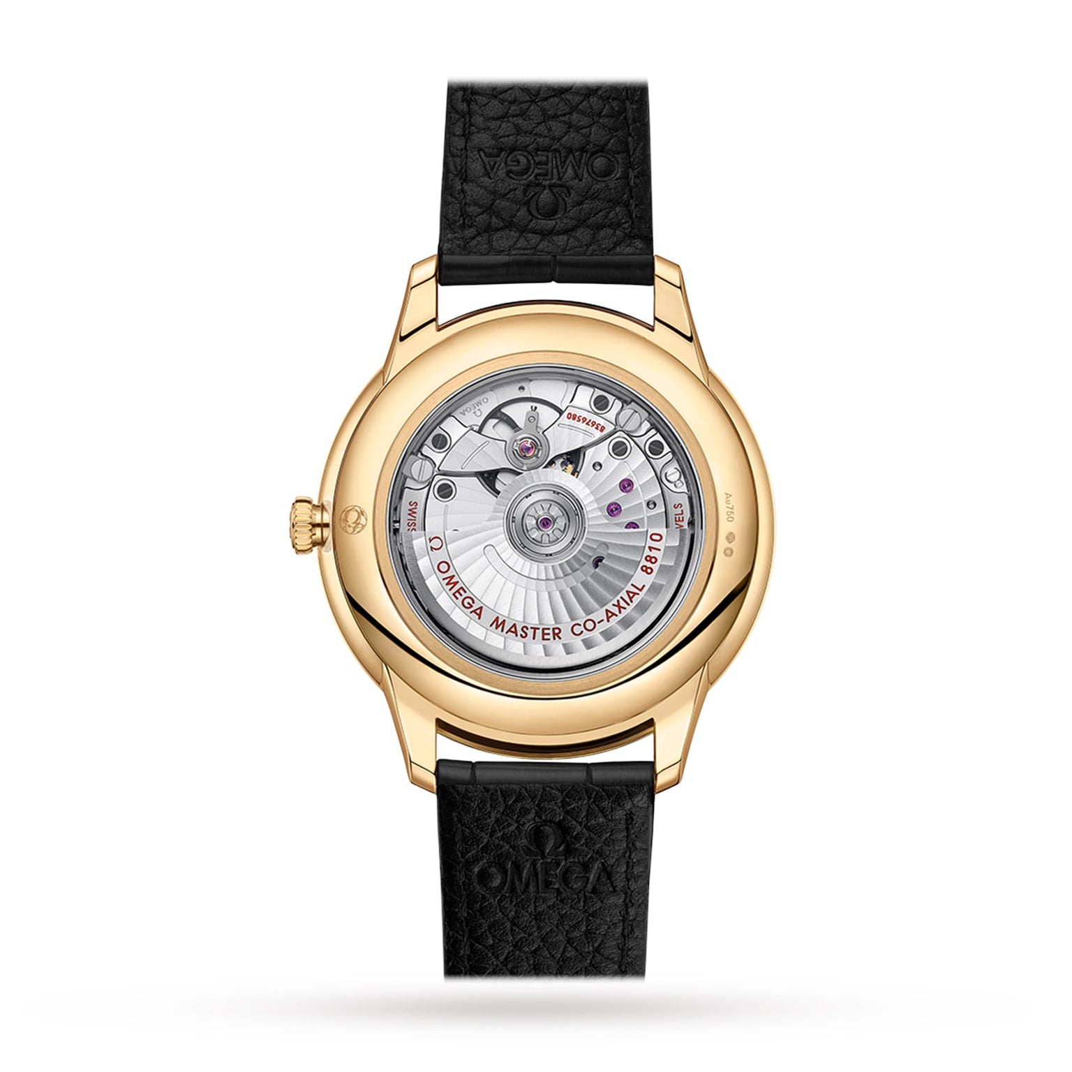The back view of OMEGA’s De Ville Prestige watch showcases its intricate mechanical movement through a transparent case and features a black textured leather strap, reflecting refined elegance.
