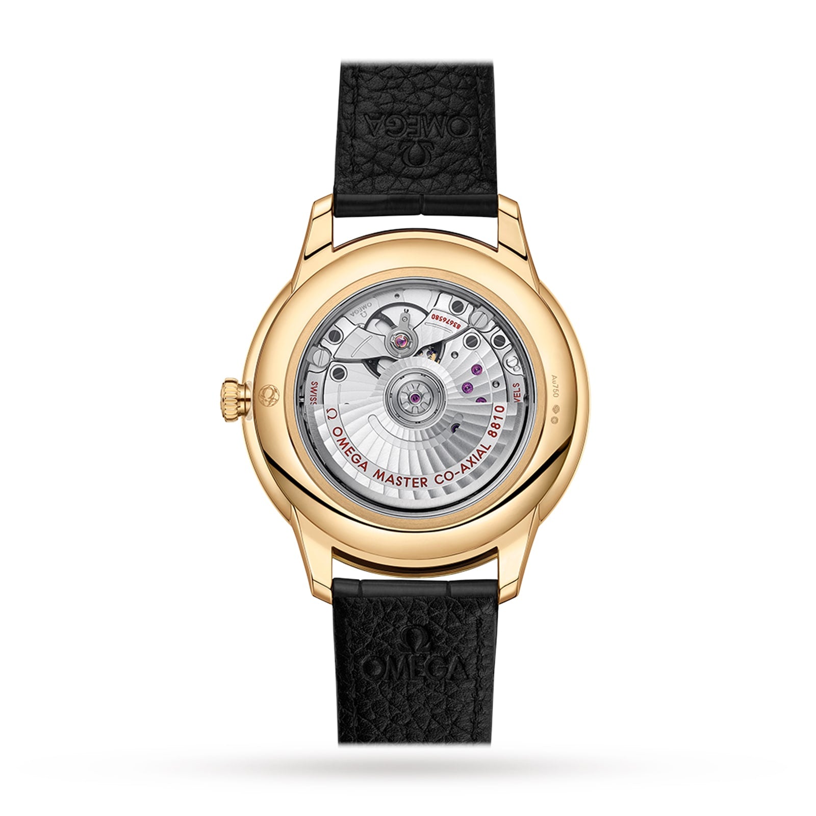 The back view of OMEGA’s De Ville Prestige watch showcases its intricate mechanical movement through a transparent case and features a black textured leather strap, reflecting refined elegance.