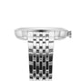 Side view of the OMEGA De Ville Prestige wristwatch in silver with a metal link bracelet, highlighting its classical design, case, crown, and band. Powered by the Master Co-Axial Calibre 8810. Set against a white background.