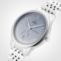 An OMEGA De Ville Prestige wristwatch features a silver case, light blue dial with Roman numerals, date at 6 o’clock, and a linked metal bracelet, exemplifying classic style against a plain white background.