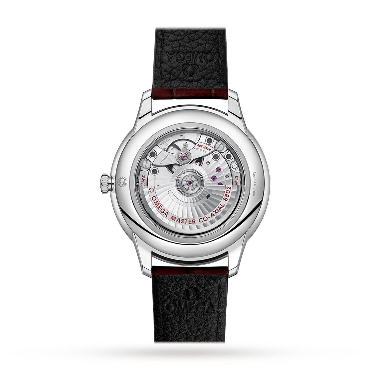 Back view of the OMEGA De Ville Prestige wristwatch with black leather strap, highlighting its classic design and exposed mechanical movement marked with OMEGA Master Co-Axial Calibre 8802.