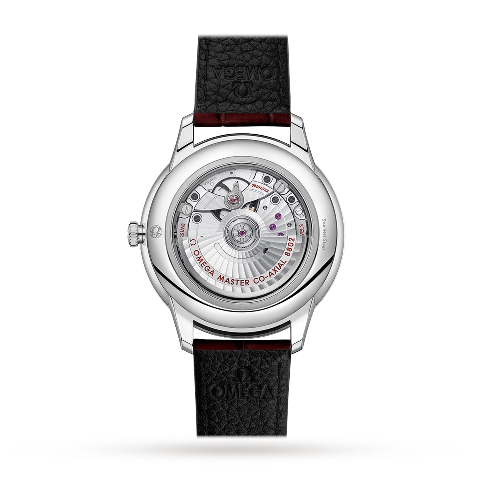 Back view of the OMEGA De Ville Prestige wristwatch with black leather strap, highlighting its classic design and exposed mechanical movement marked with OMEGA Master Co-Axial Calibre 8802.