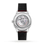 Back view of the OMEGA De Ville Prestige wristwatch with black leather strap, highlighting its classic design and exposed mechanical movement marked with OMEGA Master Co-Axial Calibre 8802.