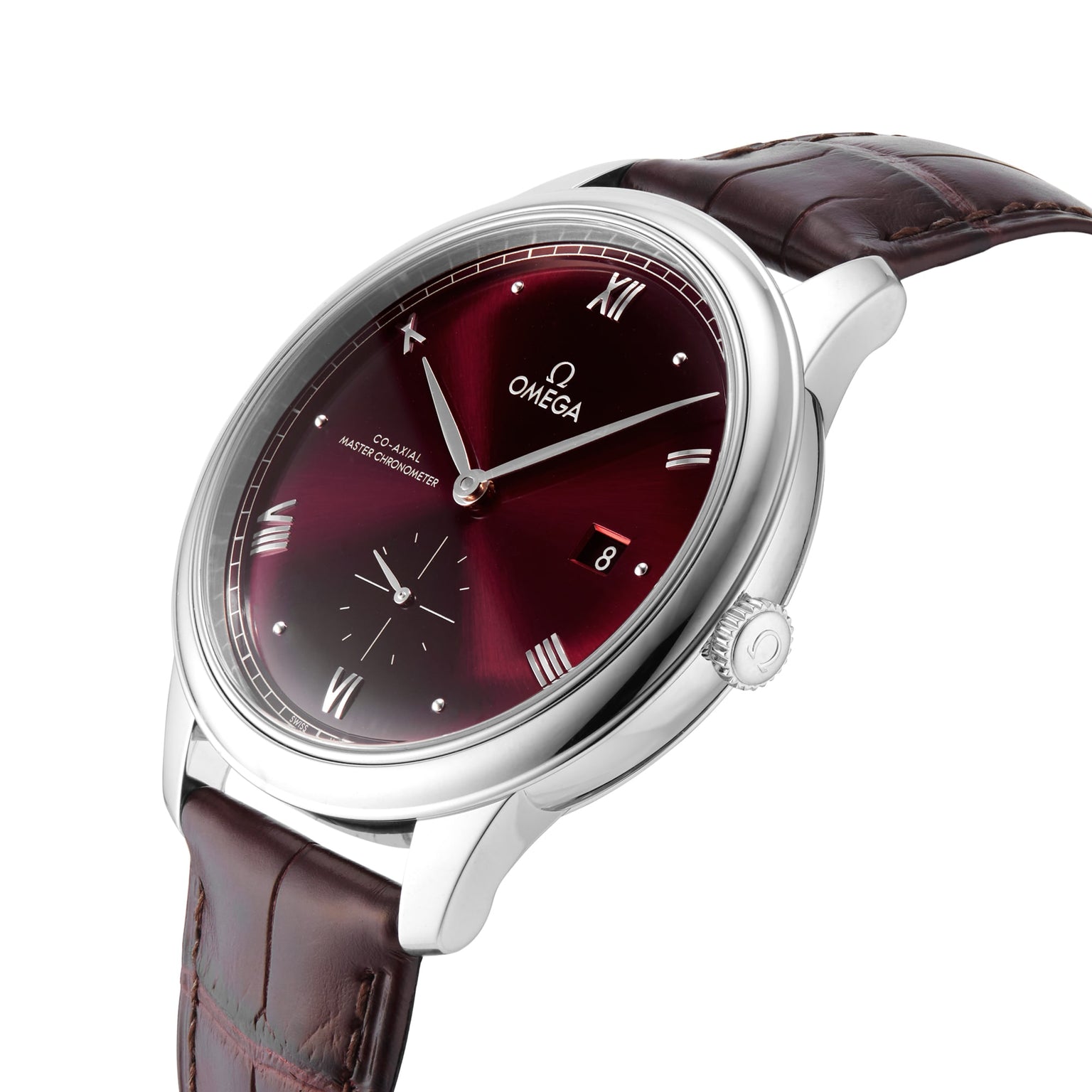 The OMEGA De Ville Prestige wristwatch features a silver case, burgundy dial with Roman numerals, date display, and a brown leather strap, powered by the Master Co-Axial Calibre 8802 movement and elegantly displayed at an angle.