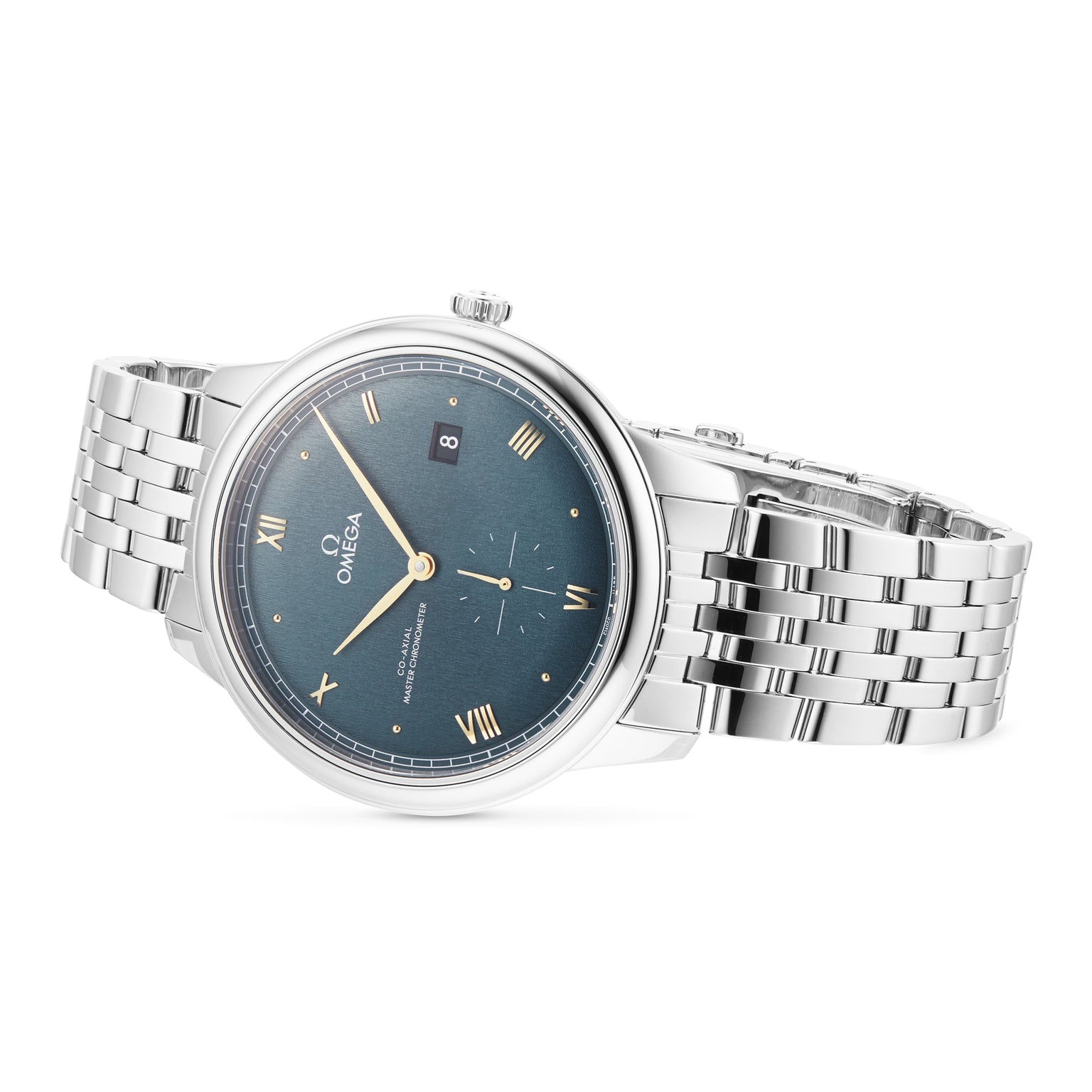 The OMEGA De Ville Prestige wristwatch, featuring a silver case, blue dial with Roman numerals, date window at 3 o’clock, and a metal link bracelet, is displayed at an angle to highlight its refined elegance and classical design.