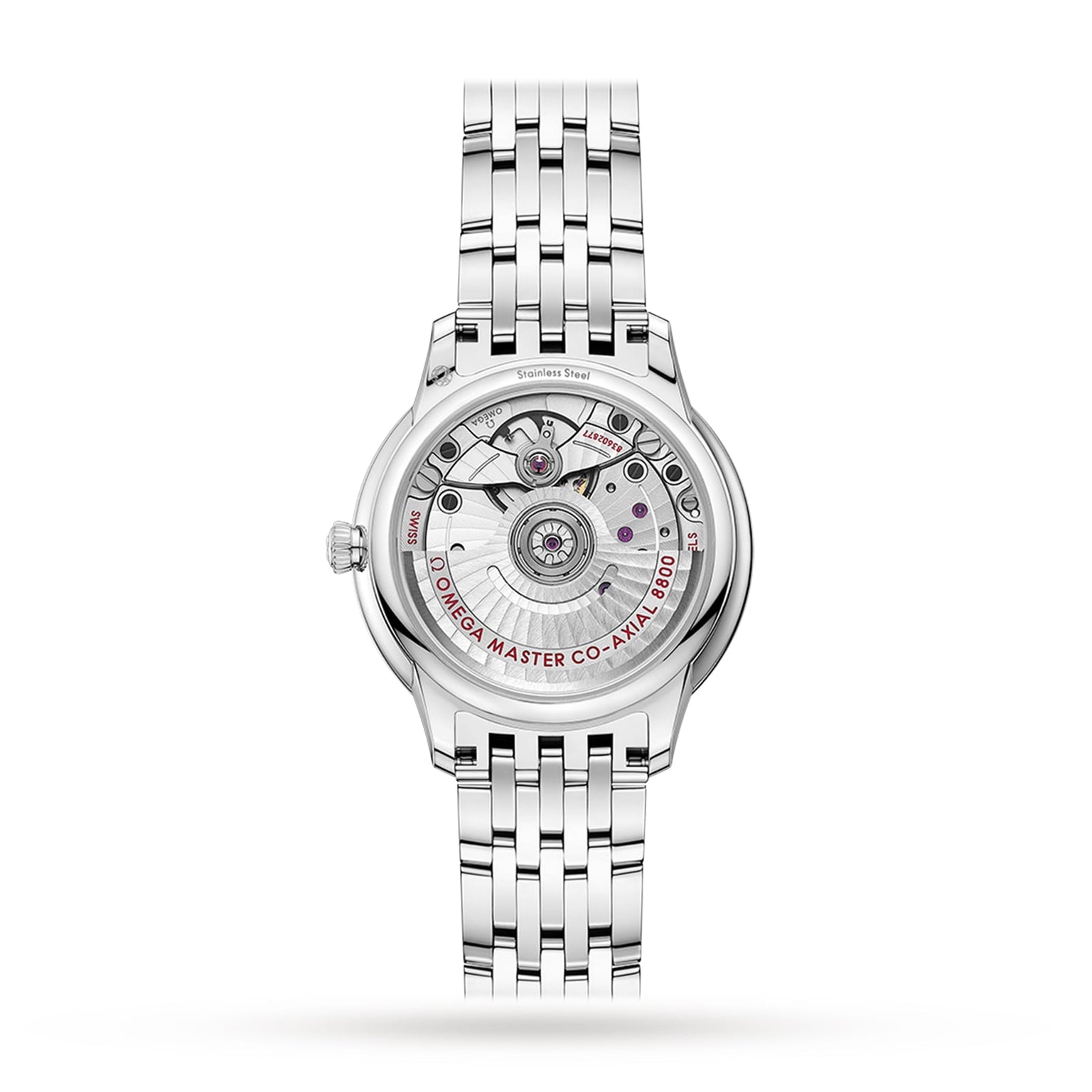 The OMEGA De Ville Prestige is a stainless steel wristwatch with a transparent case back, engraved details, and the Master Chronometer-certified OMEGA Co-Axial Calibre 8800 movement.