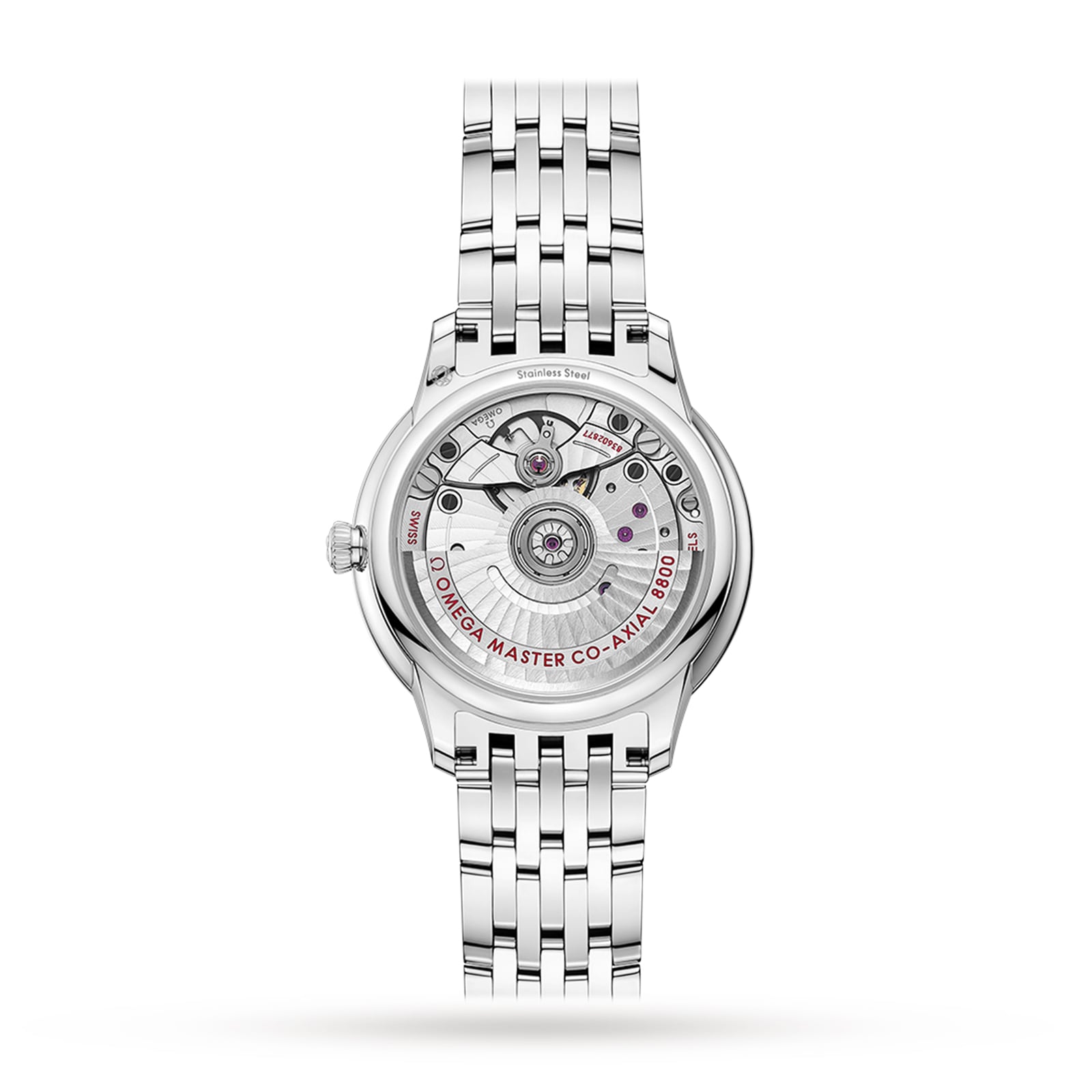 The OMEGA De Ville Prestige is a stainless steel wristwatch with a transparent case back, engraved details, and the Master Chronometer-certified OMEGA Co-Axial Calibre 8800 movement.