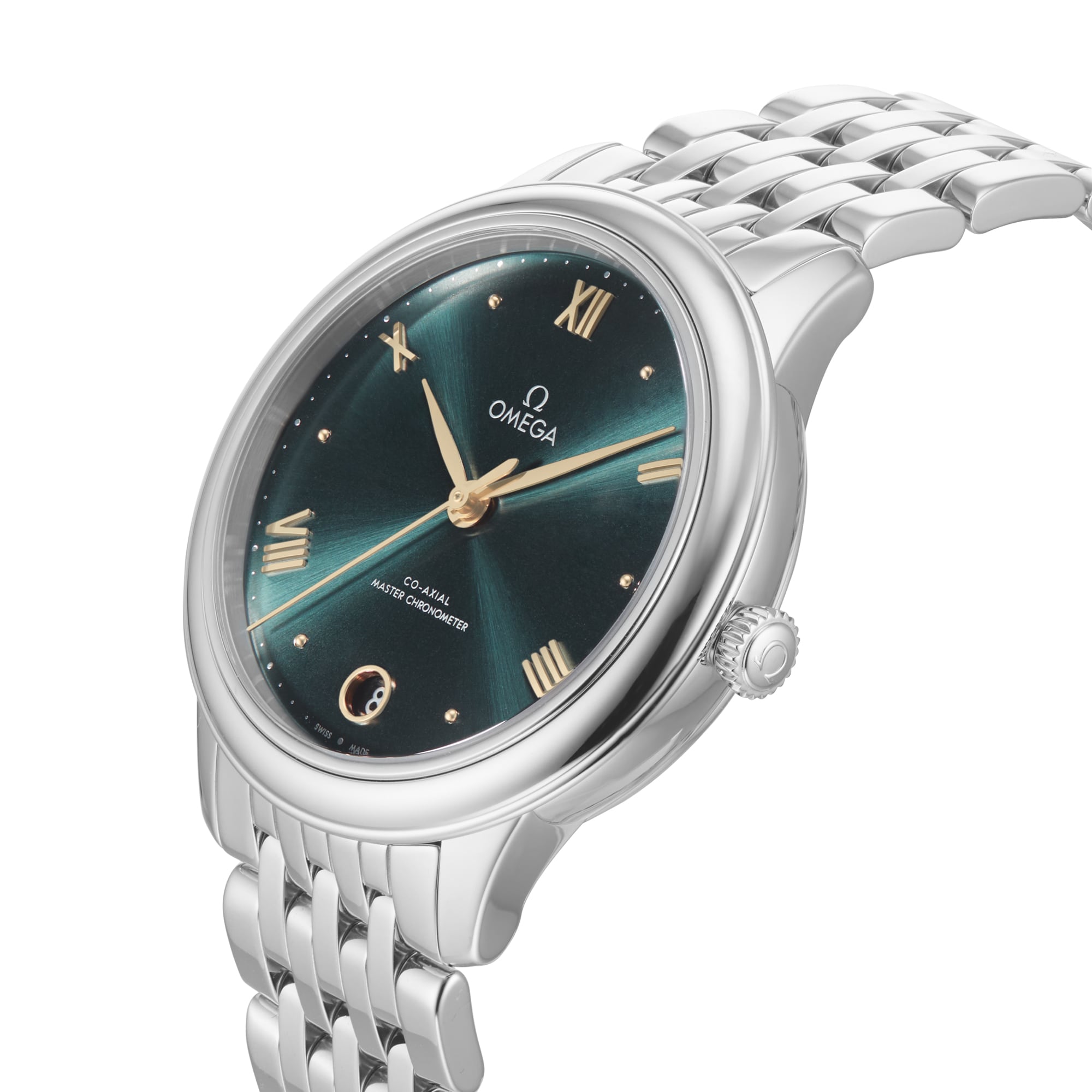 An OMEGA De Ville Prestige wristwatch featuring a green dial, gold Roman numeral markers, date at 6 o’clock, metallic link bracelet, and powered by the Master Co-Axial Calibre 8800 Master Chronometer.