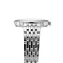 Side view of an OMEGA De Ville Prestige wristwatch with a metal link band, highlighting its classical design and refined elegance against a white background.