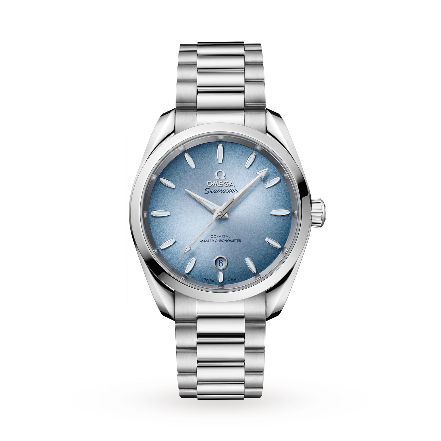 An OMEGA Seamaster Aqua Terra 150M wristwatch with a light blue dial, silver hour markers, date display at 6 o’clock, and a stainless steel bracelet—a refined tribute to OMEGA’s maritime legacy.