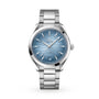 The OMEGA Seamaster Aqua Terra 150M, featuring a stainless steel case, light blue textured dial with silver markers, date at 6 o’clock, and metal bracelet, is showcased on a white background.