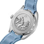 The back of the OMEGA Seamaster Aqua Terra 150M features an engraved figure with a trident, SEAMASTER SINCE 1948 text, water resistance info, and a polished stainless steel case with a blue strap.