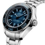 A close-up of the OMEGA Seamaster Planet Ocean 6000M wristwatch with a blue textured dial, silver hour markers, and a sturdy O-MEGASTEEL bracelet—an outstanding addition to professional saturation divers’ timepieces.