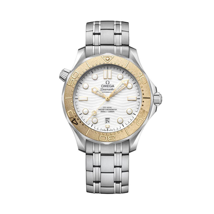 The OMEGA Seamaster Diver 300M Paris 2024, in silver and gold with a white dial, gold bezel, and metal bracelet, honors its Official Timekeeper role for Paris 2024 Olympic Games; shown at 10:08 with the date as the 7th.