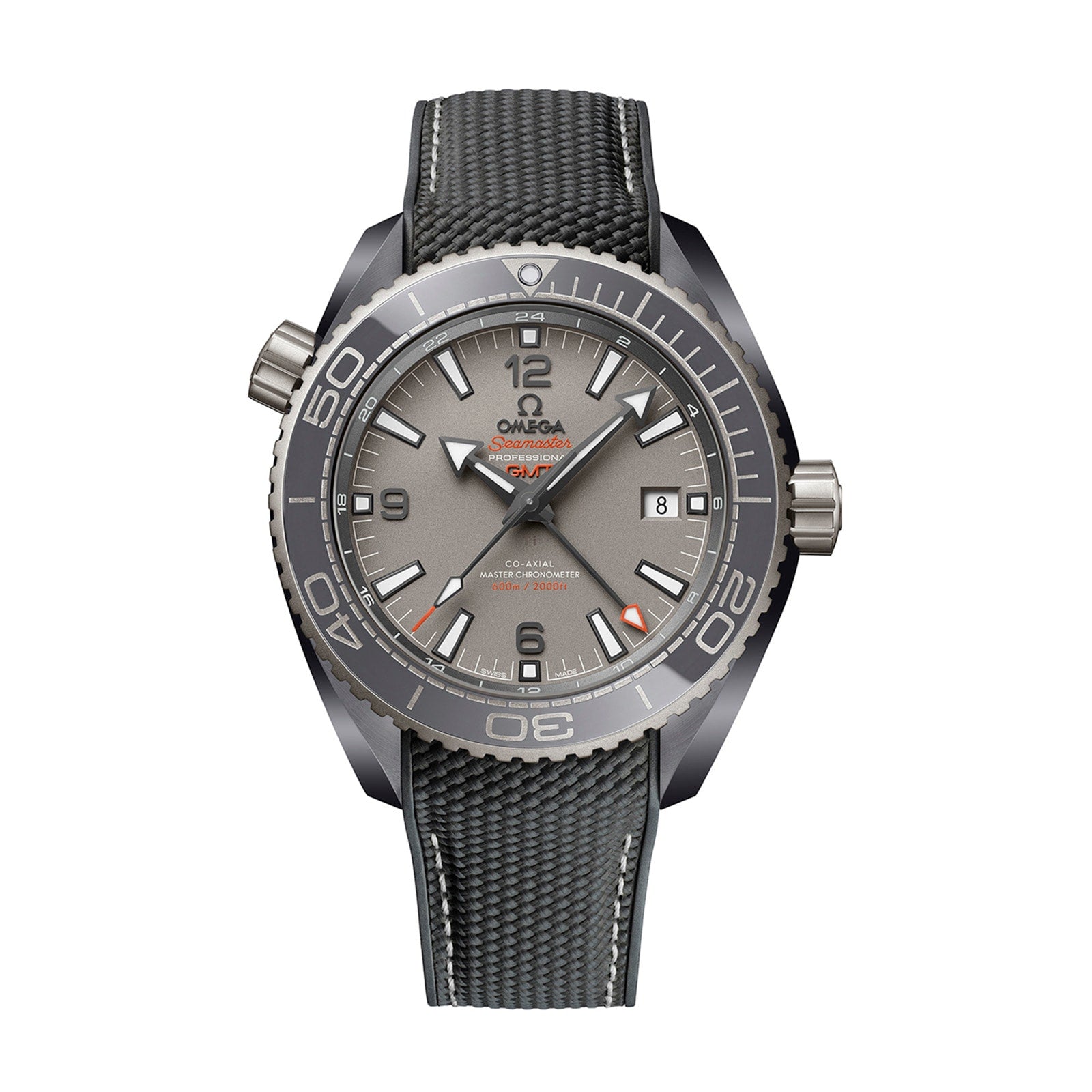 Close-up of the OMEGA Seamaster Planet Ocean 600M with gray textured strap, gray dial, rotating bezel, and date display at 3 o’clock—crafted to Master Chronometer standards for outstanding precision and durability.