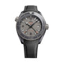 The OMEGA Seamaster Planet Ocean 600M, a grey diving watch with a textured black strap, large numerals, rotating bezel, and date window at 3 oclock, is displayed against a white background.