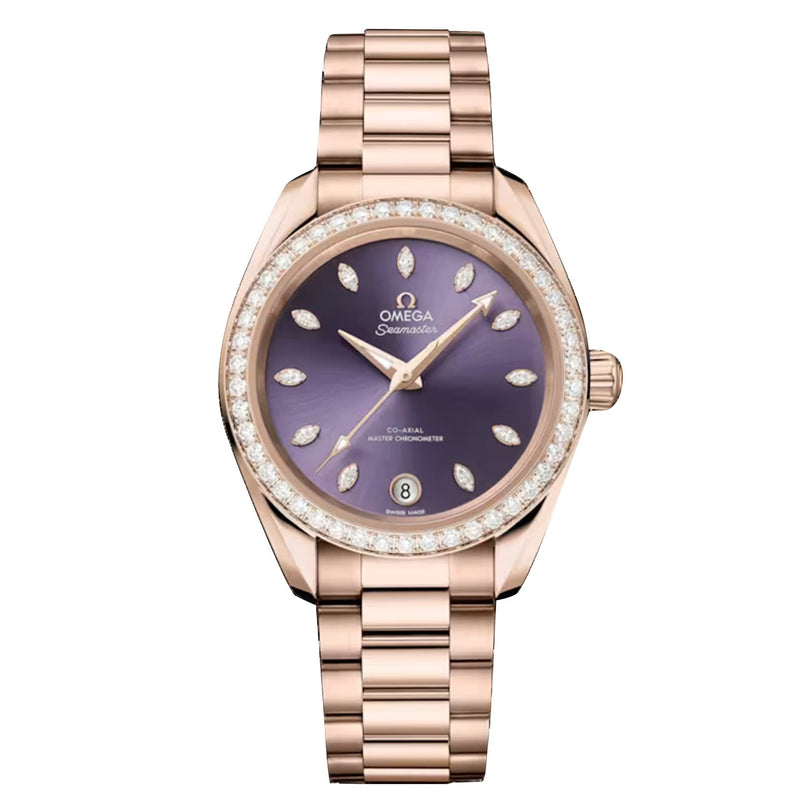 The OMEGA Seamaster Aqua Terra Shades features an 18K Sedna™ Gold case, lavender dial, diamond hour markers and bezel, plus a date display at 6 o’clock.