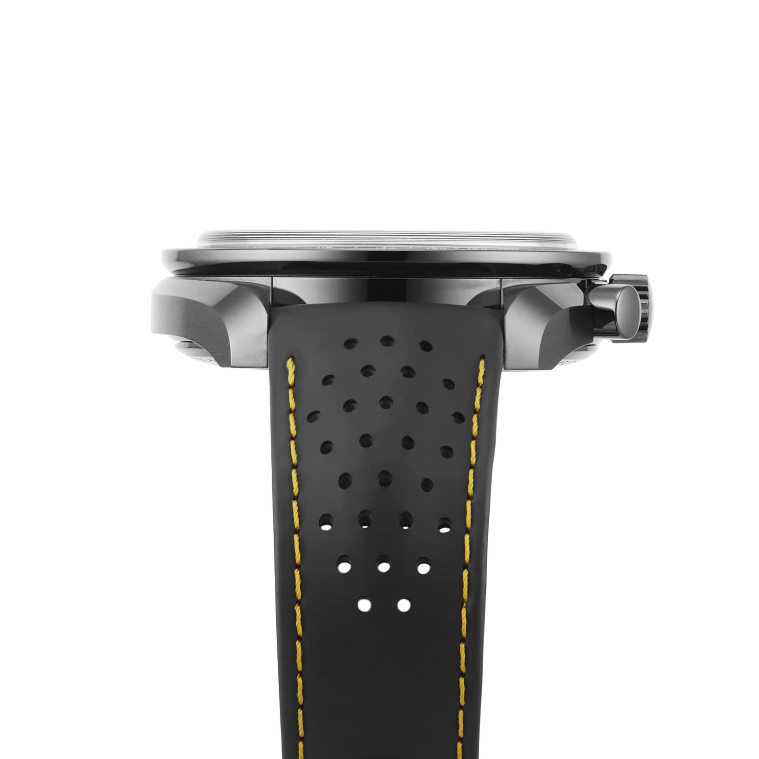 Side view of the OMEGA Speedmaster Moonwatch Apollo 8 Dark Side Of The Moon, featuring a black perforated strap with yellow stitching and a round metal case inspired by Apollo 8.