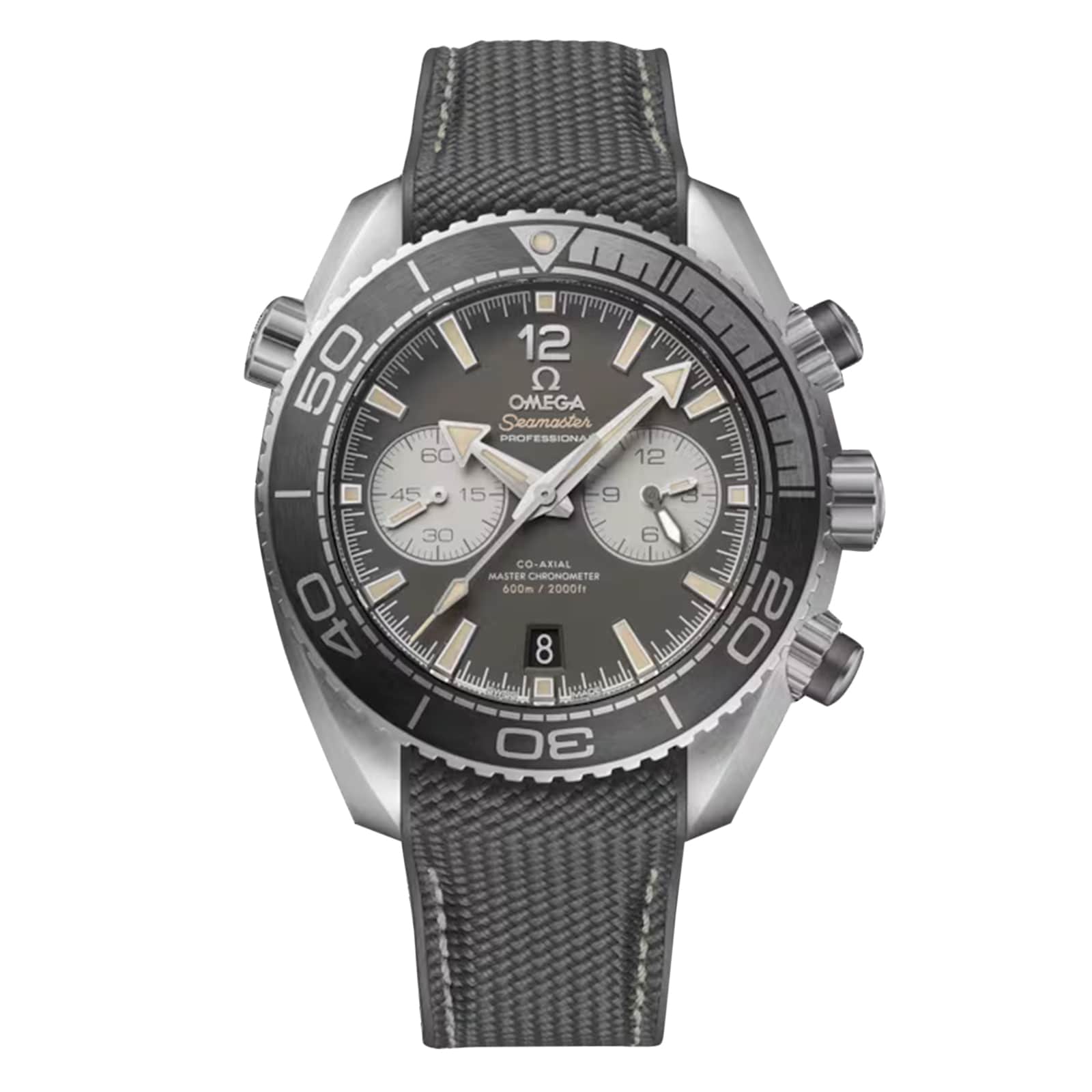 The OMEGA Seamaster Planet Ocean 600M features a black and gray dial with three subdials, luminous hands, a rotating bezel, and a textured black strap.
