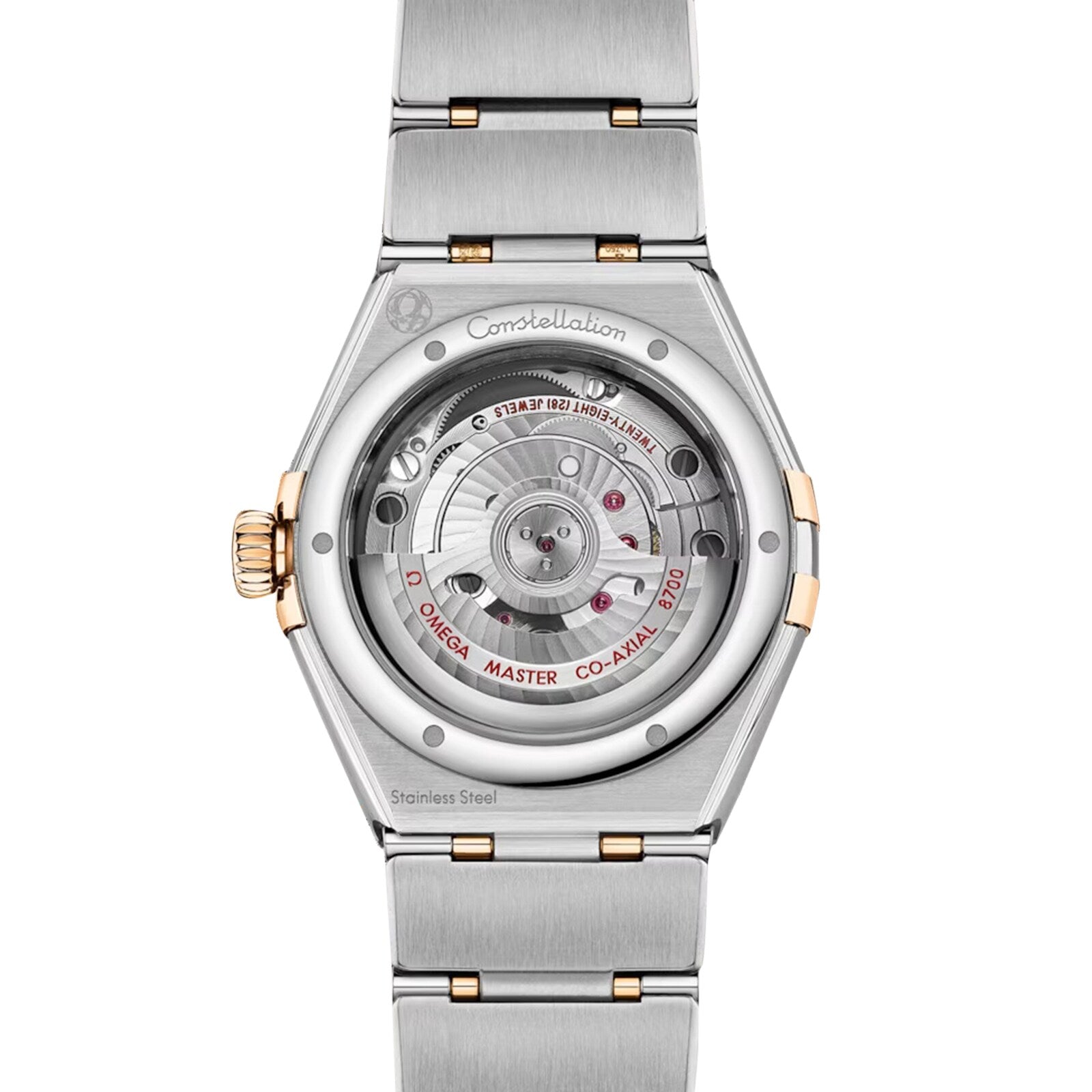 Close-up of the OMEGA Constellation watch’s transparent case back, revealing its Co-Axial Master Chronometer Calibre 8700 and featuring a stainless steel and gold bracelet.