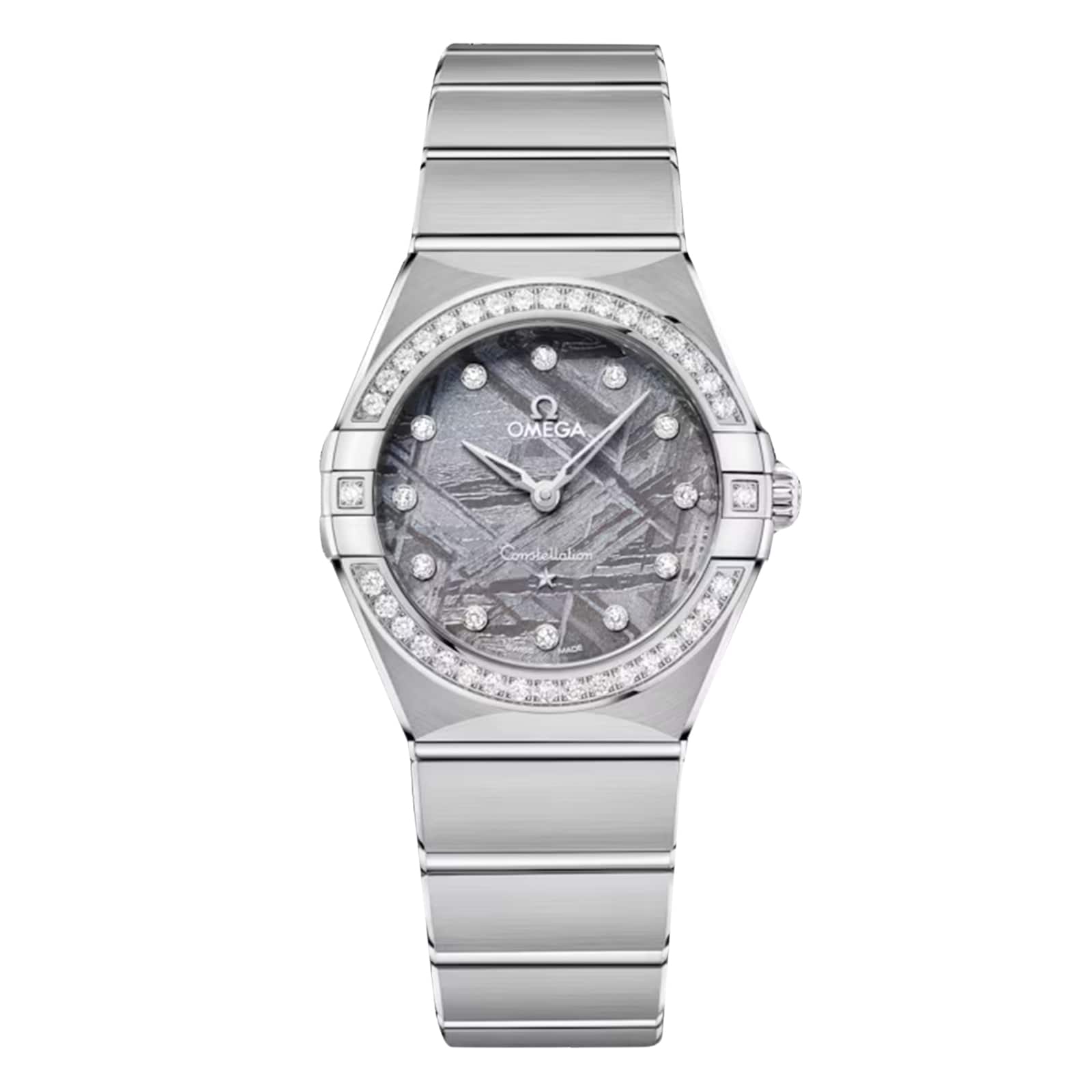 The OMEGA Constellation features a stainless steel bracelet, diamond-paved bezel, and gray meteorite-textured dial with diamond hour markers and the iconic Omega logo.