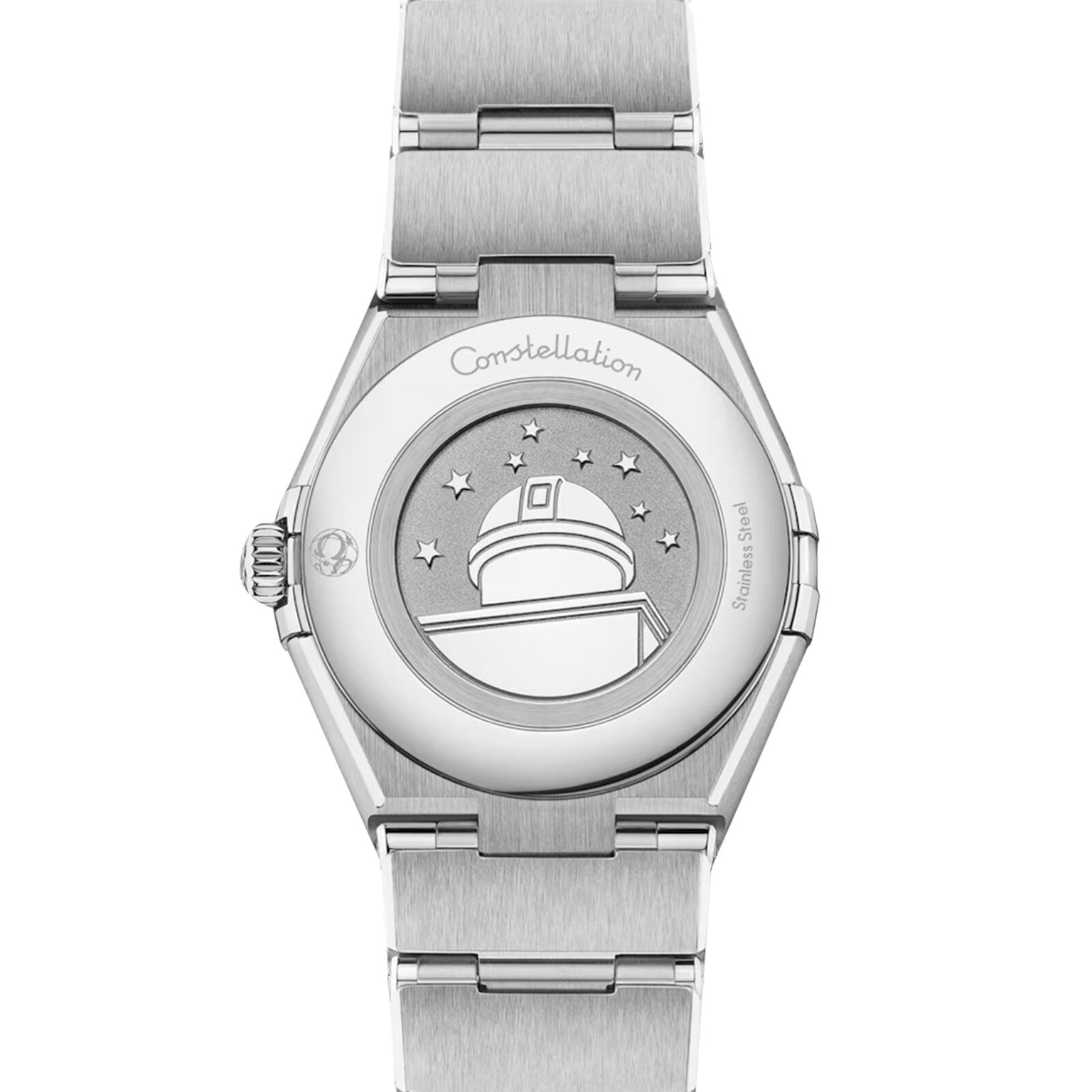 The back of the OMEGA Constellation watch features an observatory and stars engraving, a Constellation label on the case, and a brushed stainless steel bracelet.
