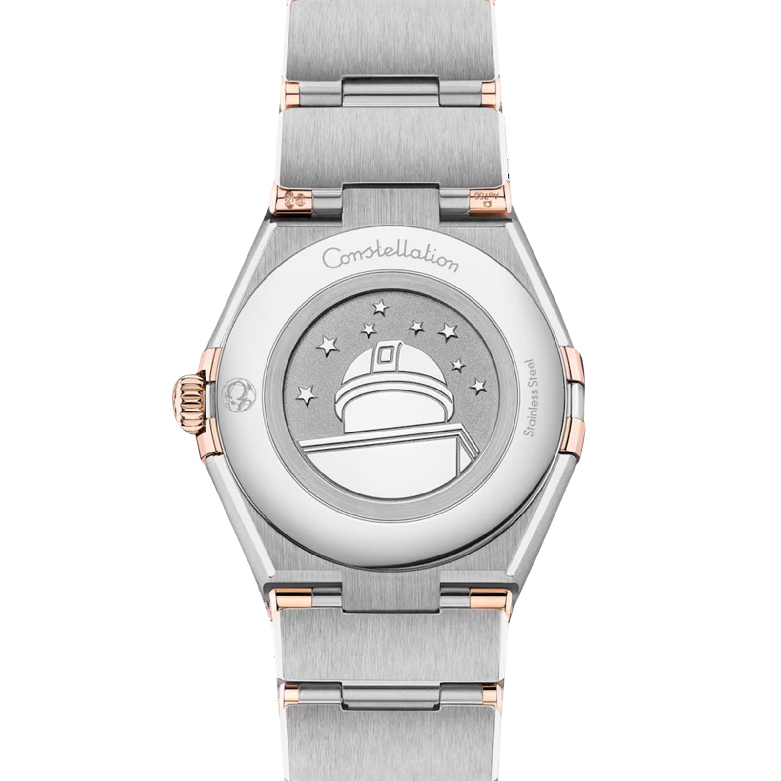 Back view of the OMEGA Constellation wristwatch featuring stainless steel and 18K Sedna Gold, with an engraved observatory, stars, and Constellation inscribed on the case back.