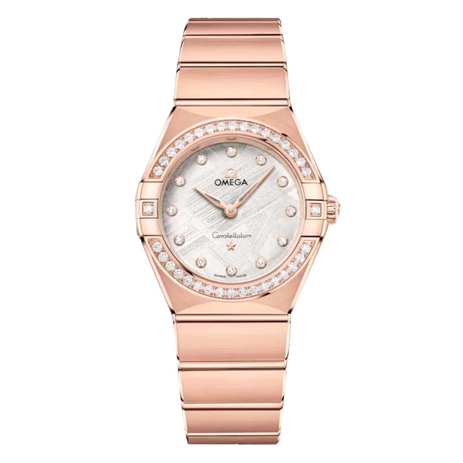 The OMEGA Constellation wristwatch in 18K Sedna™ Gold features a diamond bezel, mother-of-pearl dial, and diamond hour markers, displayed against a white background.