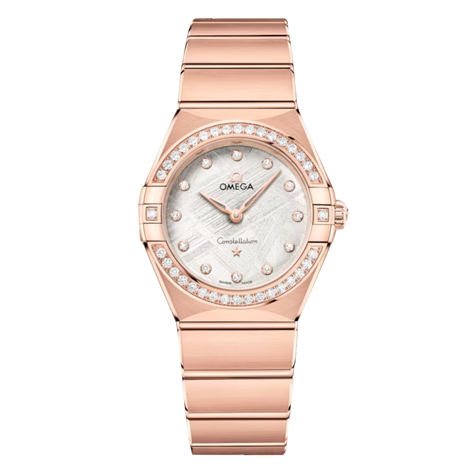 The OMEGA Constellation wristwatch in 18K Sedna™ Gold features a diamond bezel, mother-of-pearl dial, and diamond hour markers, displayed against a white background.