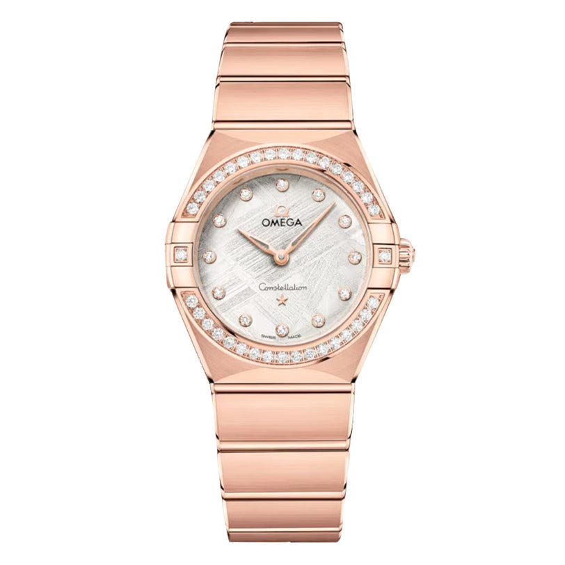 The OMEGA Constellation wristwatch in 18K Sedna™ Gold features a diamond bezel, mother-of-pearl dial, and diamond hour markers, displayed against a white background.