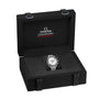 The OMEGA Speedmaster Moonwatch Professional, featuring a silver case and white dial, is displayed in an open black presentation box with the OMEGA logo, highlighting its advanced 3861 calibre and distinguished branding.