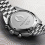 Close-up of the back of the OMEGA Speedmaster Chronoscope Paris 2024 Olympics, featuring engravings of the Paris 2024 logo, Olympic rings, and a 50m/165ft water resistance marking.