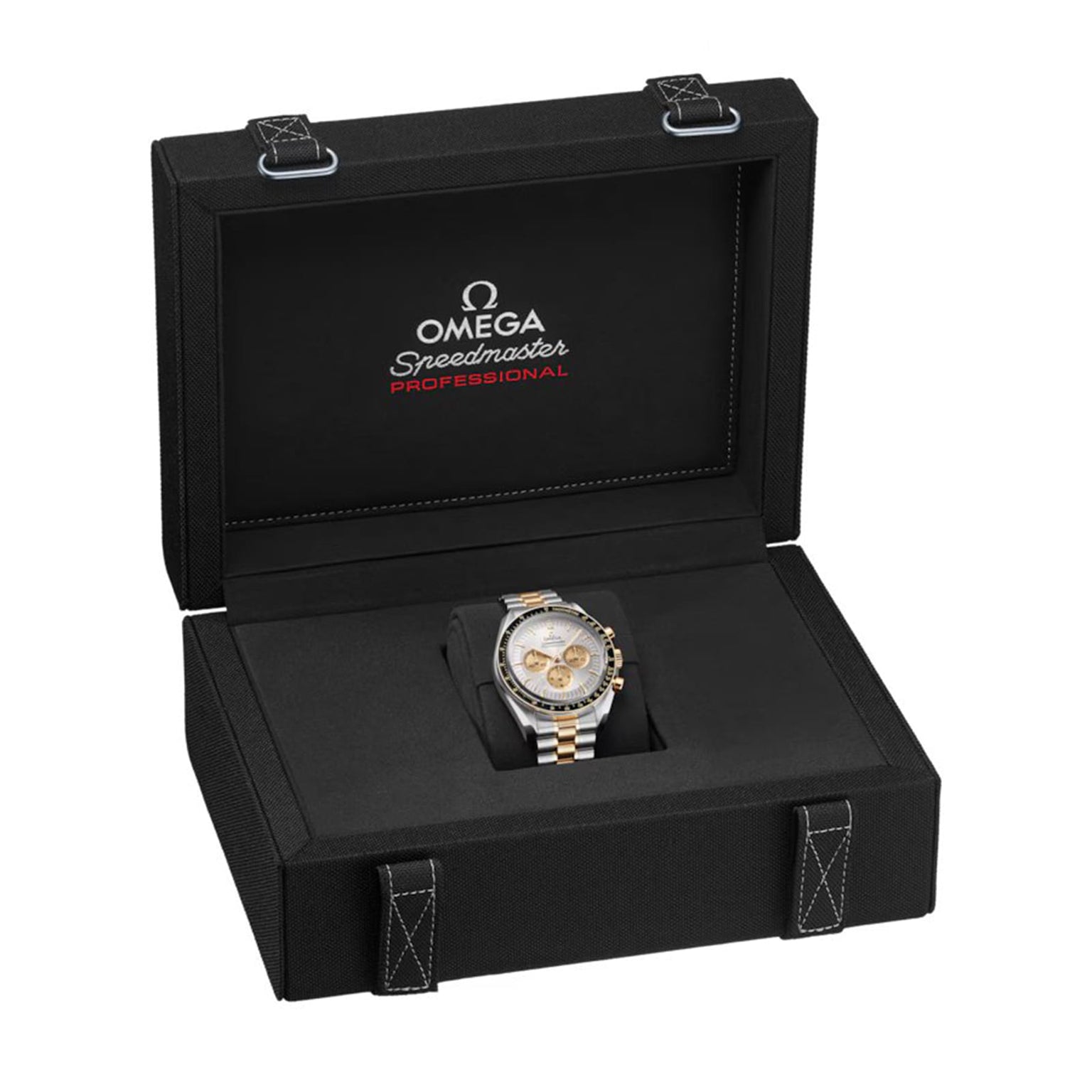 The OMEGA Speedmaster Moonwatch Professional Moonshine, featuring the 3861 calibre in a two-tone design, is presented in an open black box with branded interior lining.