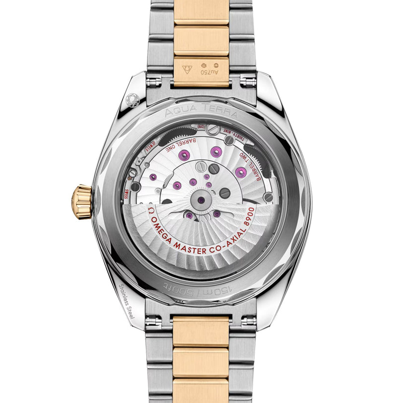 Close-up of the OMEGA Seamaster Aqua Terra 150M case back, showcasing the Co-Axial Master Chronometer calibre 8900 through sapphire crystal and paired with a stainless steel and gold bracelet.