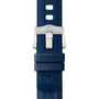 Close-up of a blue OMEGA Seamaster Diver Americas Cup 300M rubber strap with silver clasp featuring the logo, matched with the precision of the Co-Axial Master Chronometer Calibre 8806.