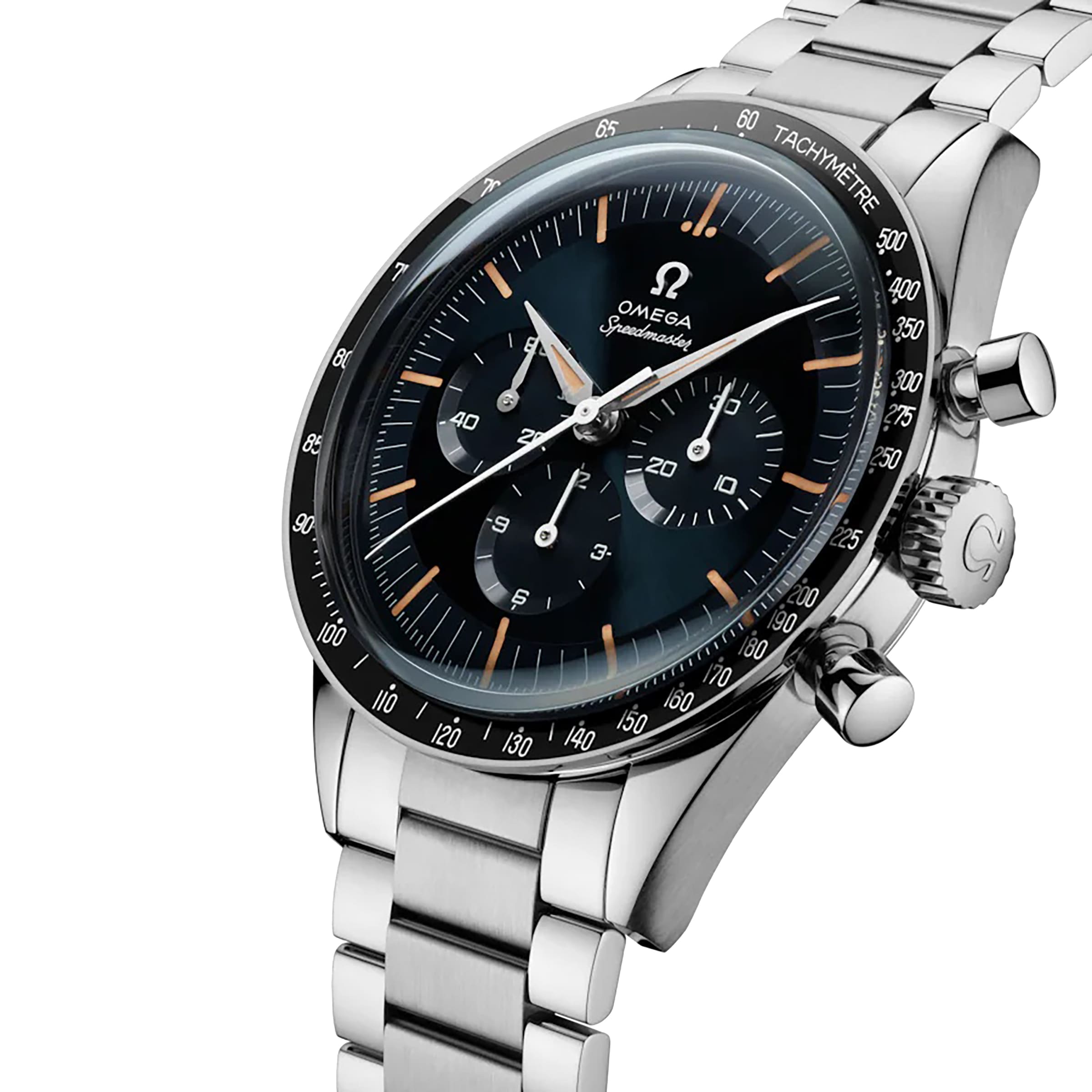 A close-up of an OMEGA Speedmaster First OMEGA in Space wristwatch featuring a black dial, three subdials, a tachymeter bezel, and a stainless steel bracelet.