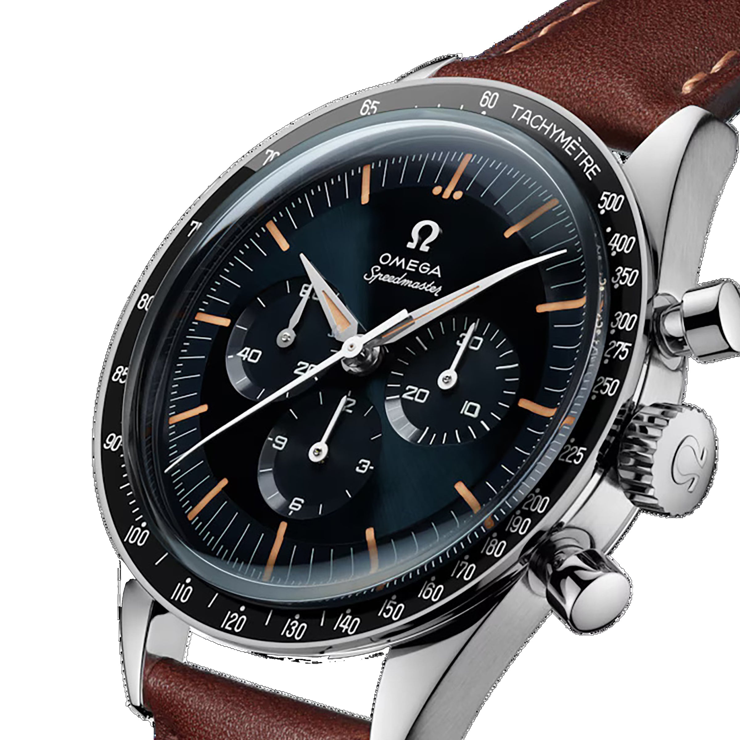 An OMEGA Speedmaster Anniversary Series wristwatch in stainless steel, featuring a black dial with three subdials, a tachymeter bezel, and a brown leather strap.