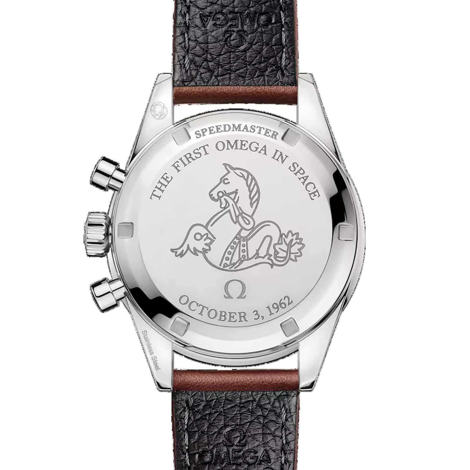 The back of the OMEGA Speedmaster Anniversary Series watch is engraved with “THE FIRST OMEGA IN SPACE,” a horse and seahorse illustration, the date “OCTOBER 3, 1962,” and features its iconic tachymeter scale.