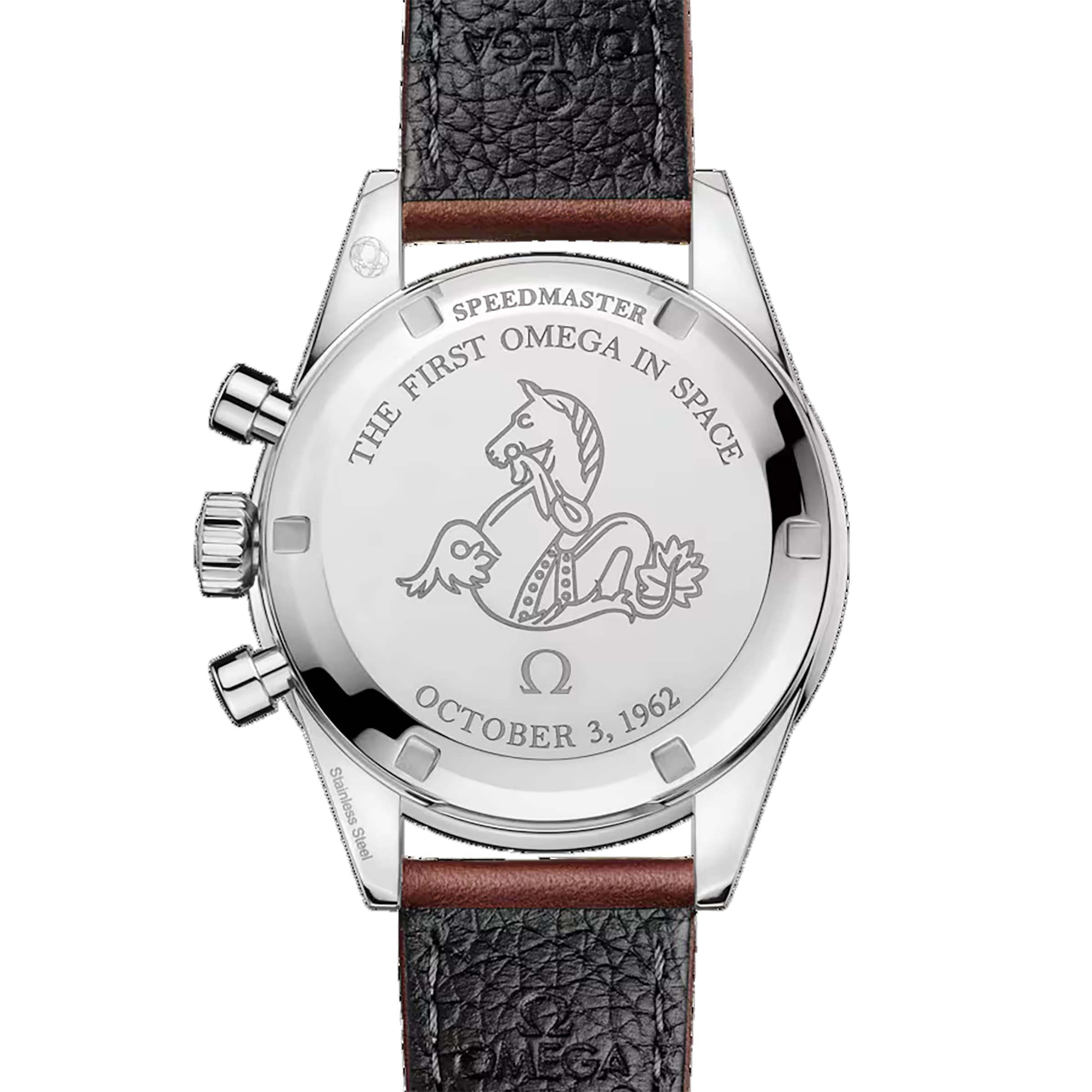 The back of the OMEGA Speedmaster Anniversary Series watch is engraved with “THE FIRST OMEGA IN SPACE,” a horse and seahorse illustration, the date “OCTOBER 3, 1962,” and features its iconic tachymeter scale.