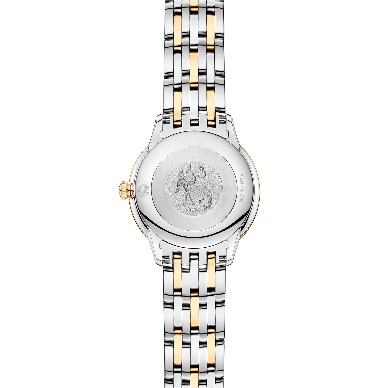 The case back of the OMEGA De Ville Prestige two-tone metal wristwatch features engraved detailing and branding.