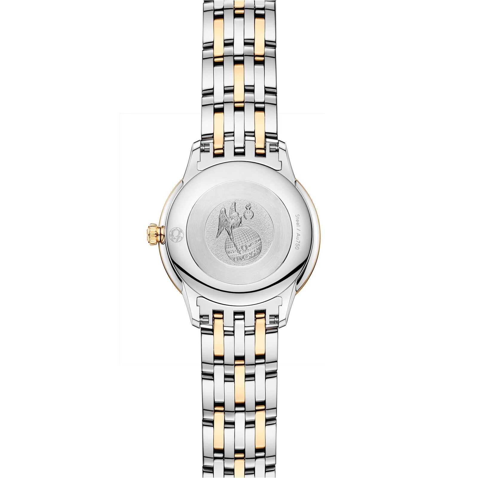 The case back of the OMEGA De Ville Prestige two-tone metal wristwatch features engraved detailing and branding.