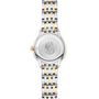 The case back of the OMEGA De Ville Prestige two-tone metal wristwatch features engraved detailing and branding.