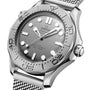 A close-up of the OMEGA Seamaster Diver 300M wristwatch with a silver dial, mesh strap, and rotating bezel, displaying the brand name and Co-Axial Master Chronometer water resistance details.