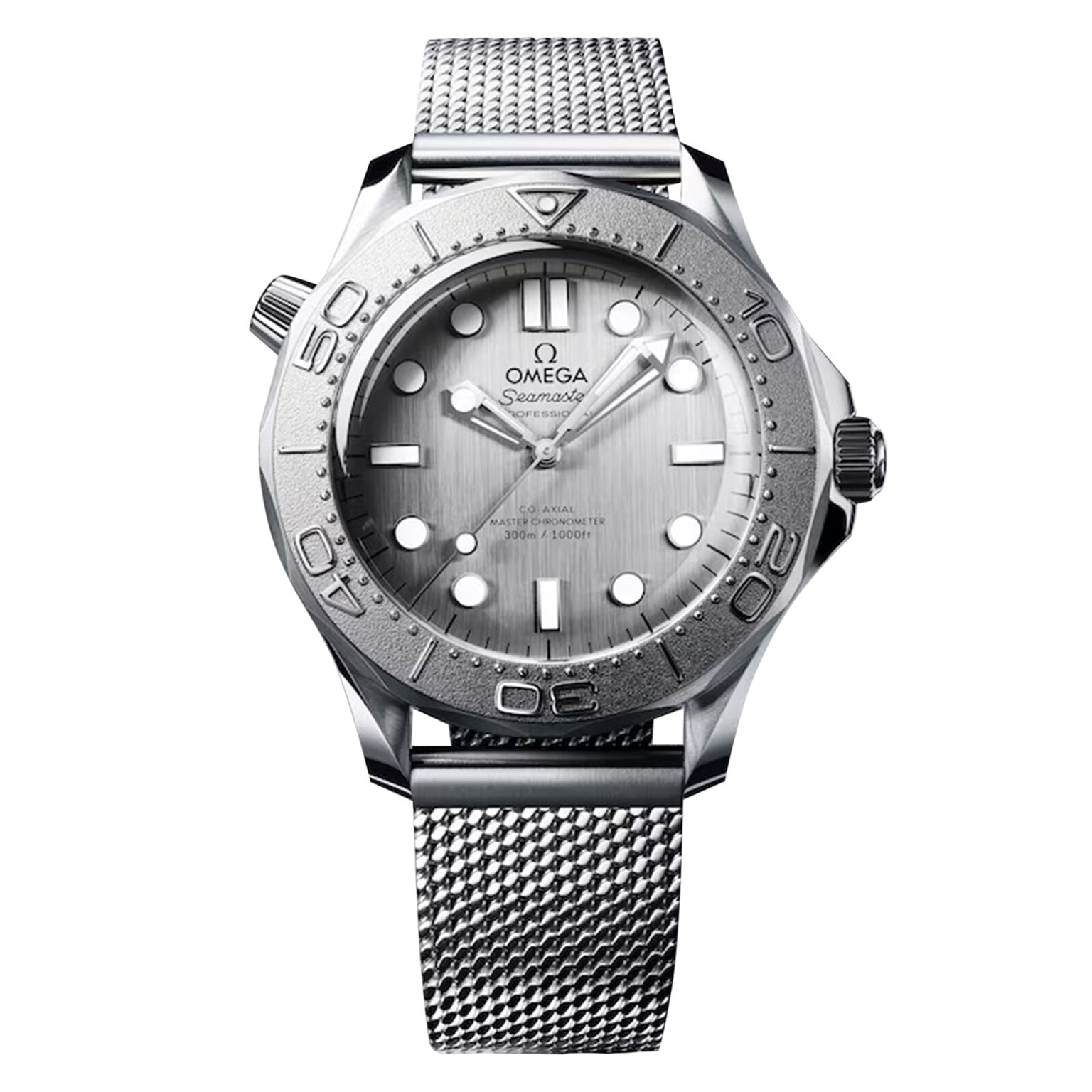 The OMEGA Seamaster Diver 300M features a stainless steel mesh strap, round white dial, bold hour markers, a rotating bezel, and is powered by the OMEGA Co-Axial Master Chronometer movement.
