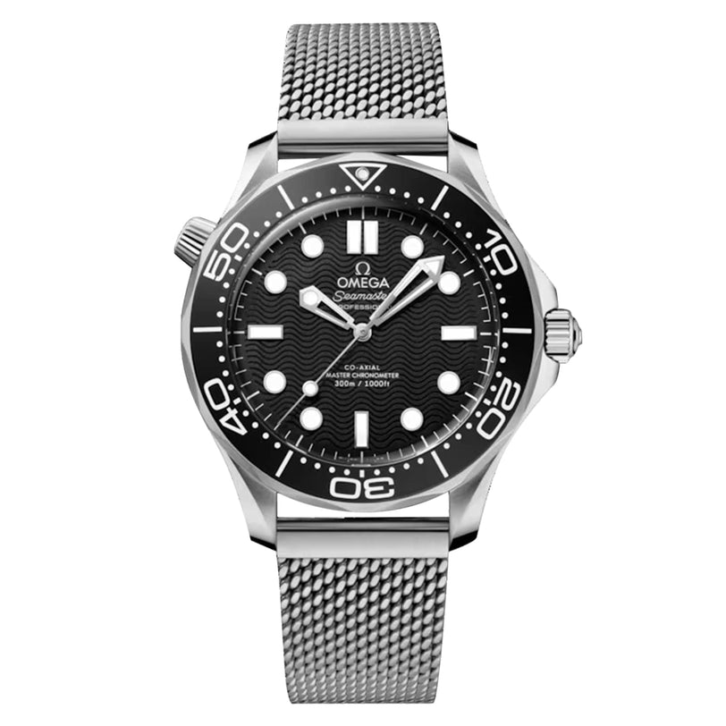The OMEGA Seamaster Diver 300M features a stainless steel case, black wave-pattern dial with Super-LumiNova white markers, mesh bracelet, and shows the time at 10:10.
