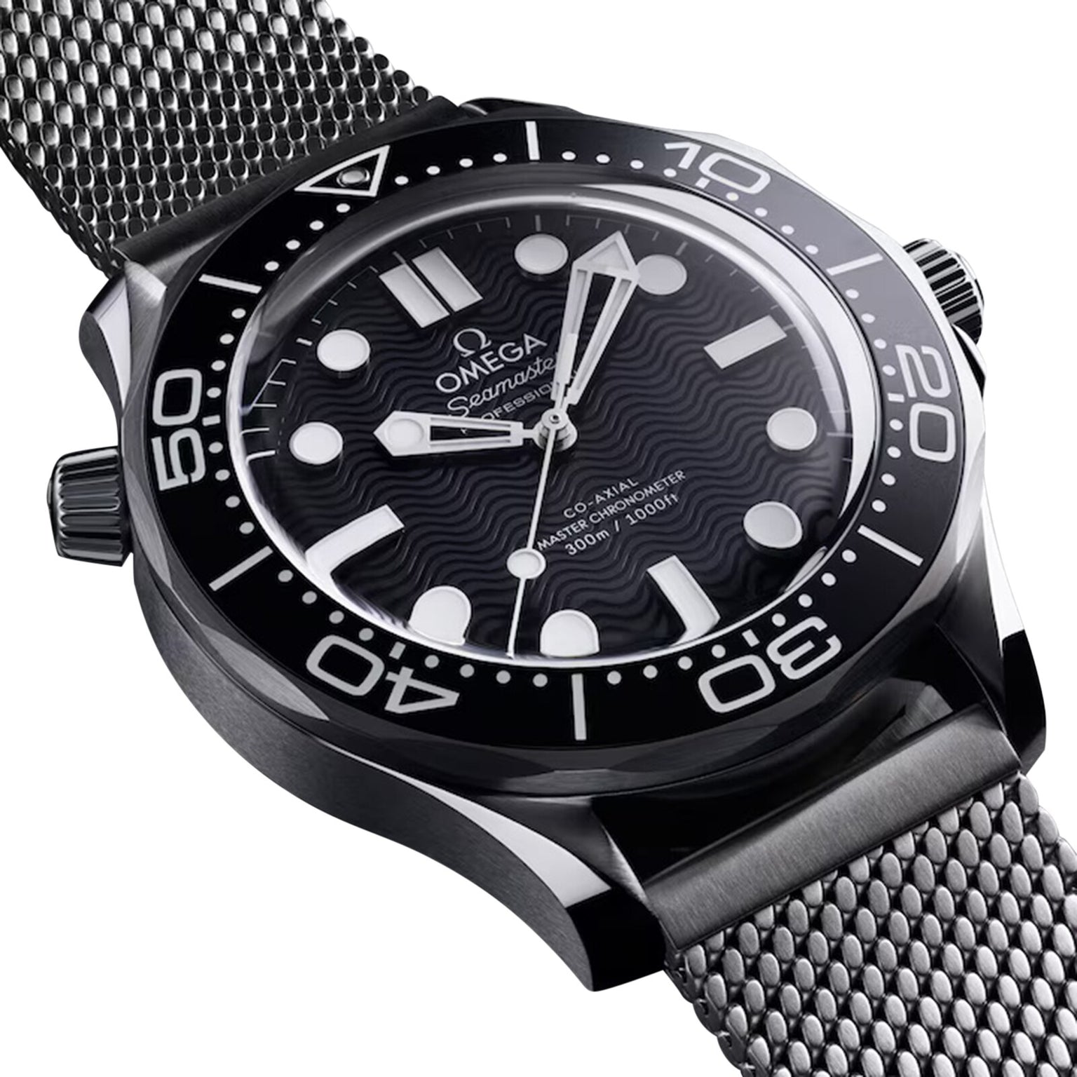 Close-up of the OMEGA Seamaster Diver 300M, featuring a black ceramic case, black rotating bezel, mesh strap, bold white Super-LumiNova hour markers, and a wave-pattern dial.