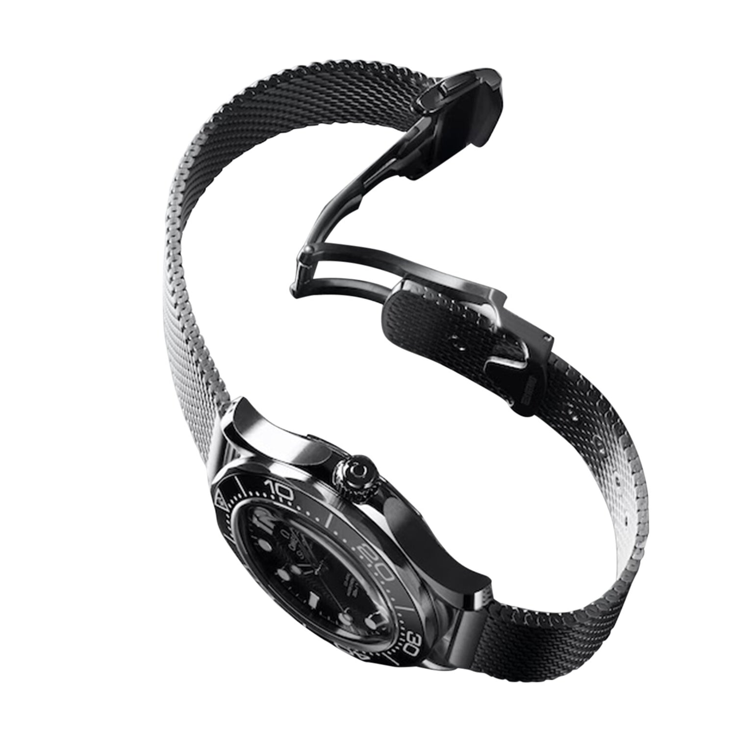 The OMEGA Seamaster Diver 300M, a black wristwatch with a metal mesh strap and Super-LumiNova accents, is displayed at an angle on a white background.