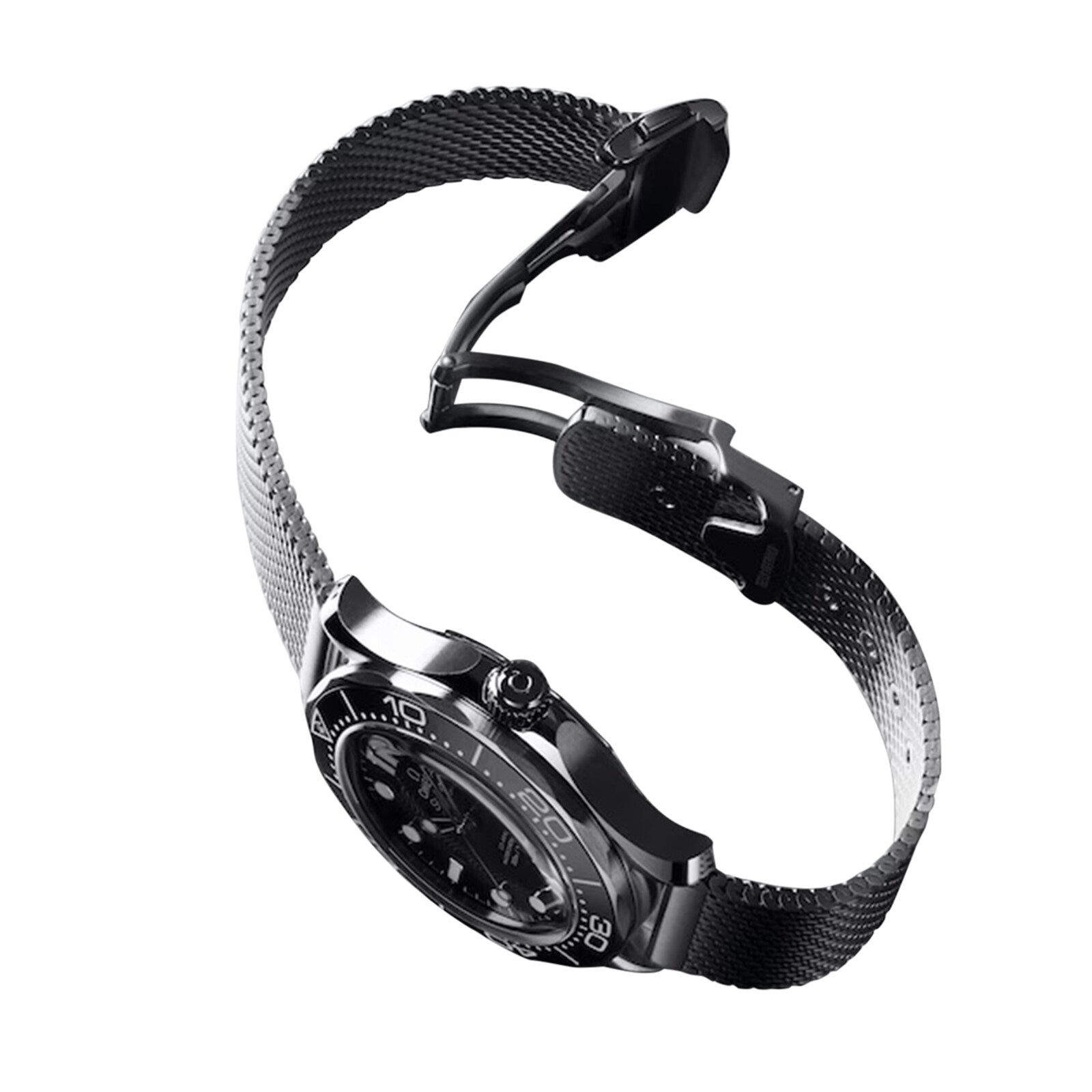 The OMEGA Seamaster Diver 300M, a black wristwatch with a metal mesh strap and Super-LumiNova accents, is displayed at an angle on a white background.