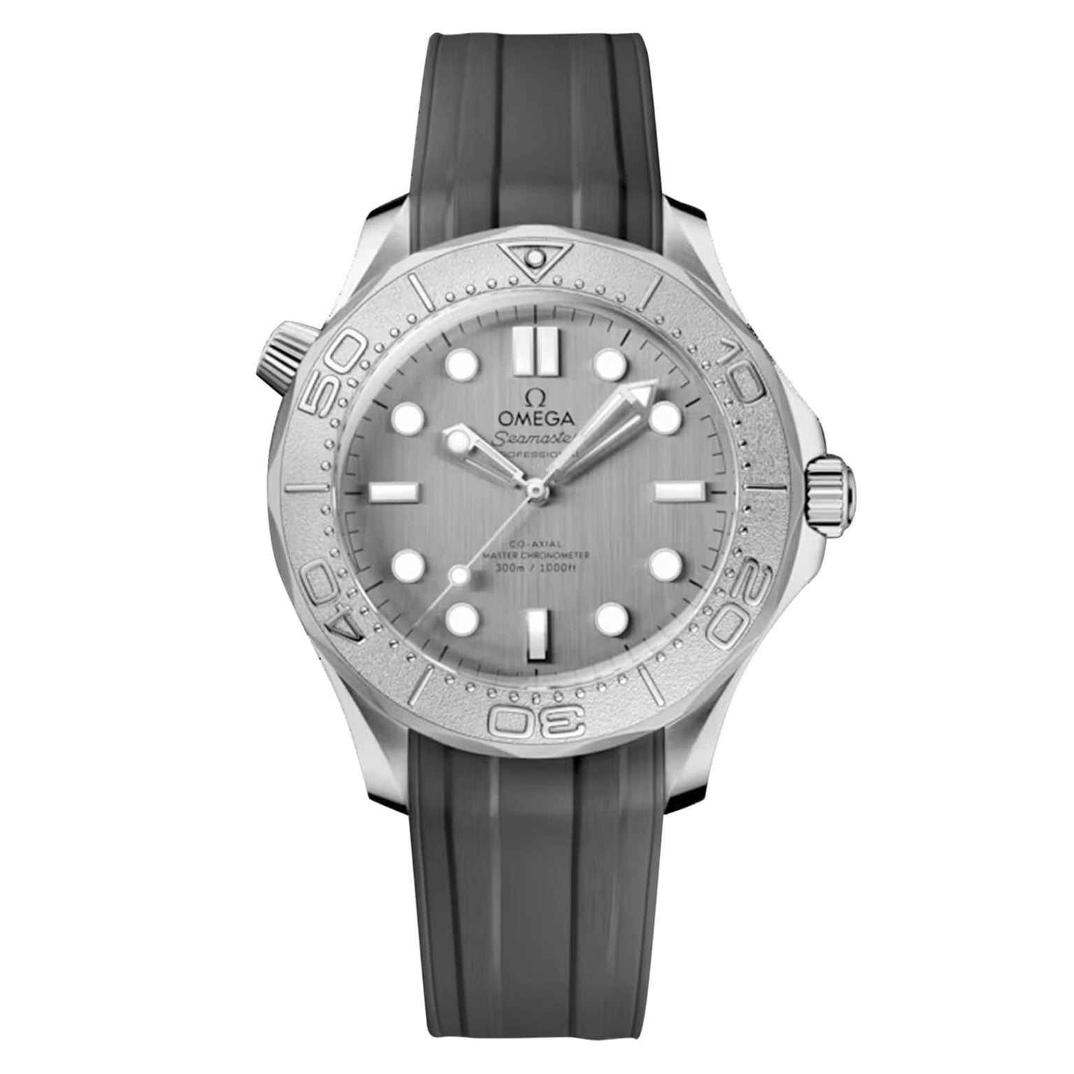 The OMEGA Seamaster Diver 300M features a grey dial, grey rubber strap, rotating bezel, luminous hour markers, and a precision Co-Axial Master Chronometer movement in stainless steel.