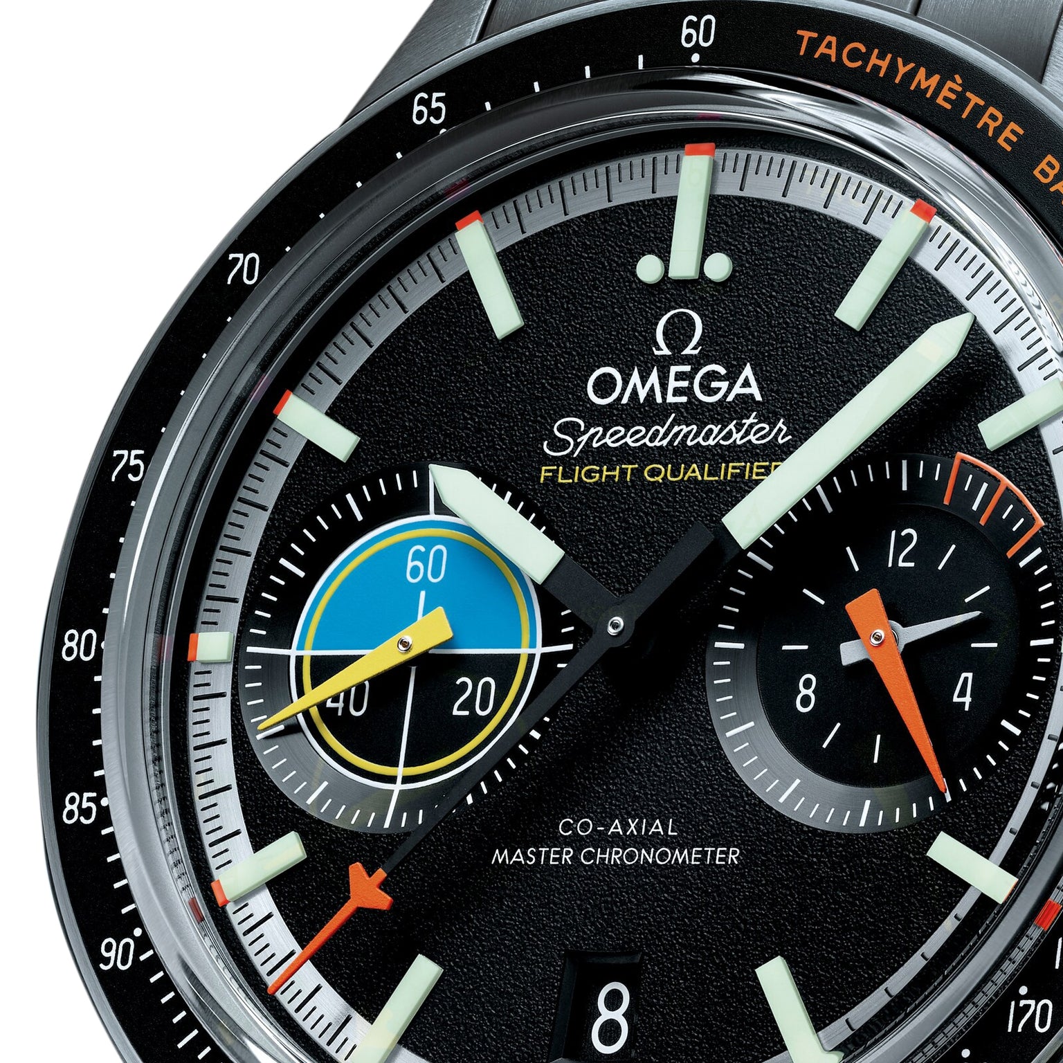 Close-up of an OMEGA Speedmaster Pilot stainless steel watch face featuring multiple chronograph subdials, a date window, and tachymeter markings—an iconic timepiece from OMEGA.